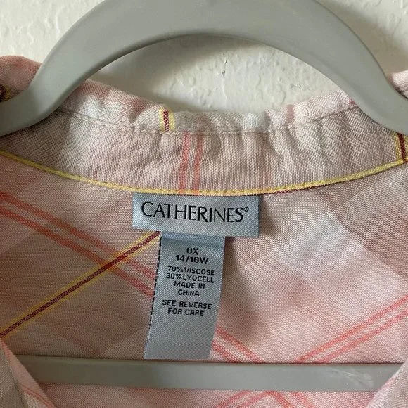 Catherines Womens Blouse Button Up Plaid Size 0X Long Sleeves Pink Casual Top - Picture 3 of 11